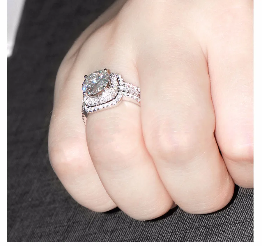 DovEggs 14K 585 Белое золото центр 3ct центр 9 мм F цвет Moissanite алмаз обручальное кольцо со светлым окаймлением обручальное кольцо Набор для женщин 3 шт