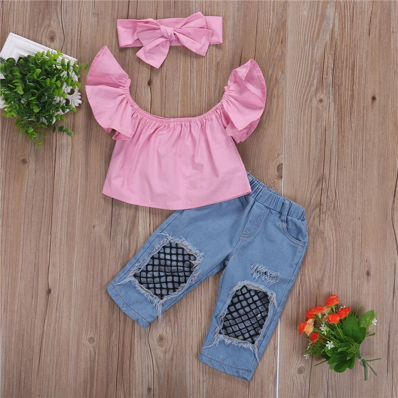 3Pcs Toddler Kids Girls Clothing Set Off Shoulder Tops + Fake Net socks Denim Pants Jeans Outfits Clothes Children's | Детская
