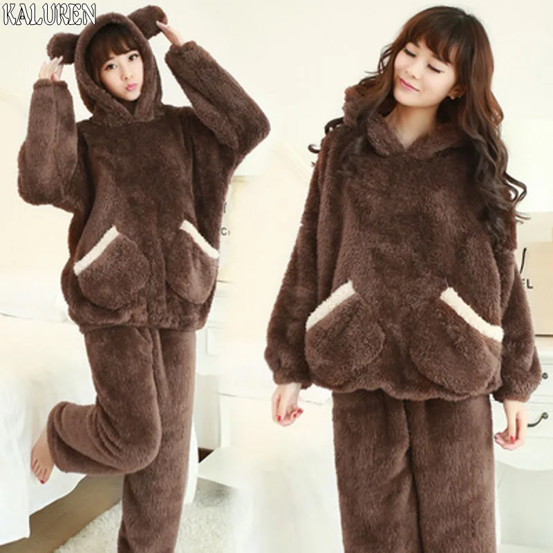 

TOP Autumn and winter plus size flange cartoon thickening coral fleece sleepwear female Pajama Sets M-4xl with hooded