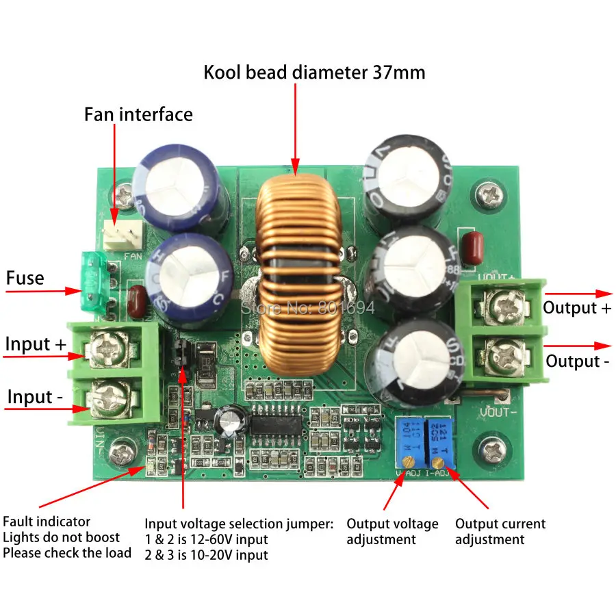 

1200W 20A DC Constant Current CV Boost Converter 8V-60V to 12V-80V Non-isolated Voltage Step-up Power Supply Module