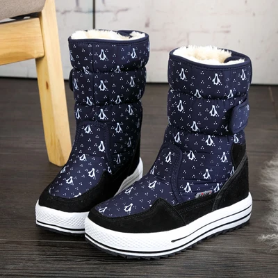 navy Cuculus/теплые зимние ботинки на плюше; нескользящие женские ботинки до середины икры; меховая хлопковая обувь с принтом; уличные водонепроницаемые ботинки; 1092 - Цвет: navy