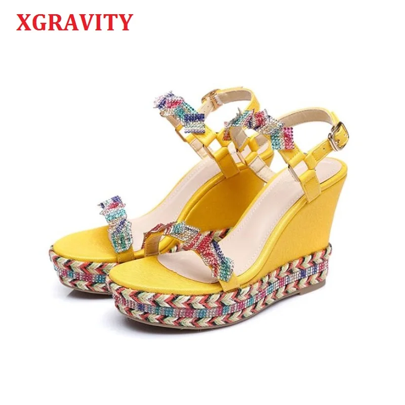 

XGRAVITY Colorful Crystal Fashion High Heel Platform Shoes Wedge Sandals Elegant Pearl Designer Woman Summer Shoes Ladies A152