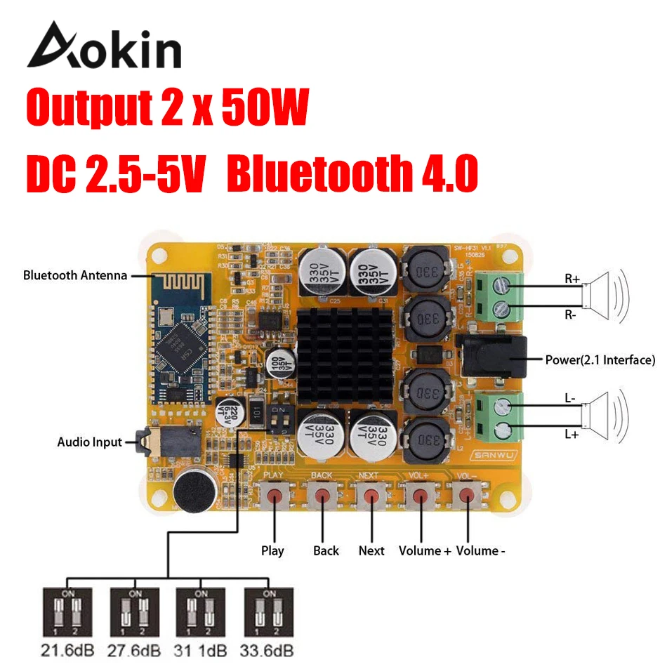 

TDA7492 Wireless Bluetooth 4.0 2*50W 2 channel Audio Receiver Stereo Digital Power Amplifier Board Module