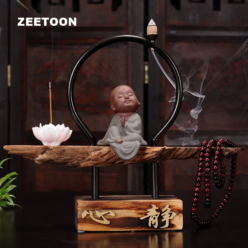 

Chinese Culture Backflow Incense Burner Weathered Wood Censer Base with Lucky Monk Kit / Tea Ceremony Decor Adornment Crafts Art