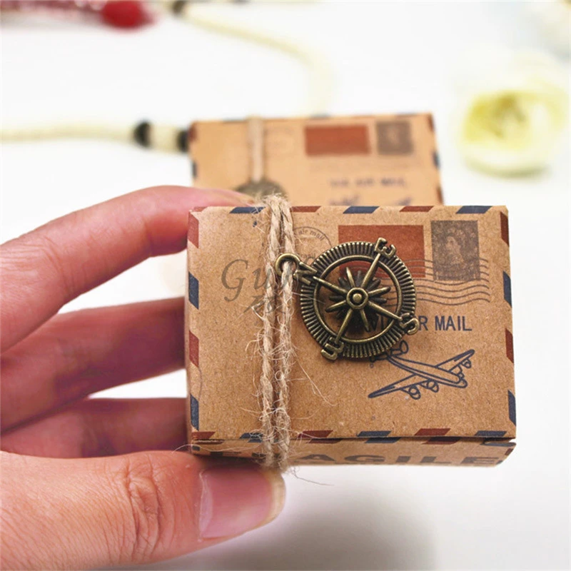 Vintage Wedding Supplies Envelope Air Mail Kraft Paper Candy Box Earth Compass Metal Charms Travel Theme Gift Packaging Rope | Дом и сад