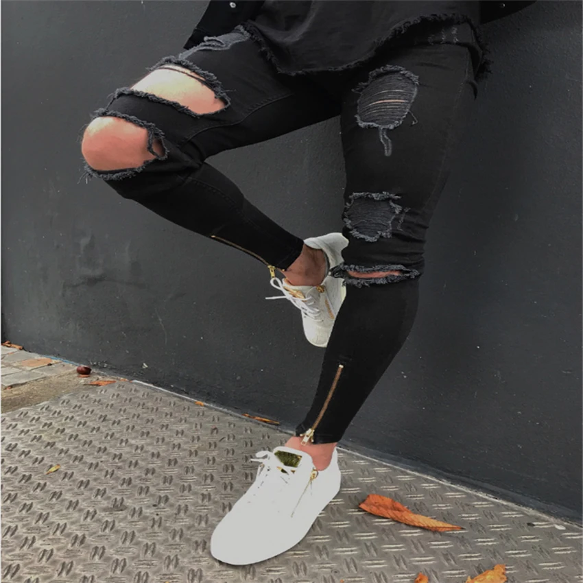 SHOKOTANO Рваные джинсы для Для мужчин хип-хоп черные обтягивающие Slim Fit байкер Jogger
