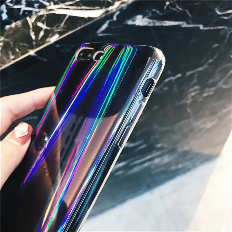 QINUO Blue Purple Holographic High quality Laser Case For iPhone 5 7 8 6S Plus X XS Max XR Soft Silicone Cases Back Cover Funda |