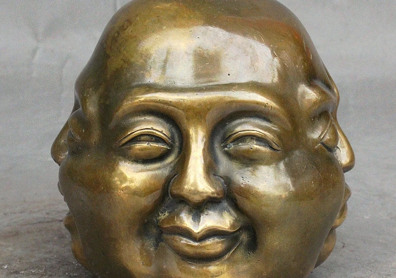 

4" Chinese Buddhism Bronze Happy Anger Sorrow Joy Maitreya 4 Face Buddha Statue