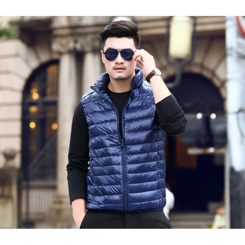 

Ultra thin lightweight white duck down vests men portable loose fit plus size stand collar down waistcoats for autumn and spring