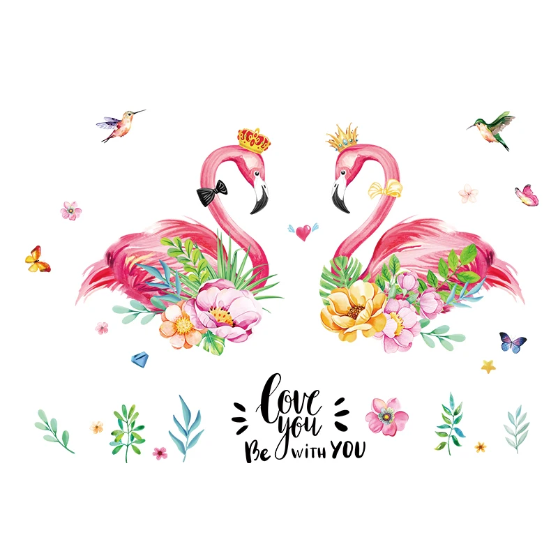 [shijuekongjian] Romantic Flamingo Wall Sticker DIY Plant Leaves Animals Decals for Kids Rooms Baby Bedroom Decoration | Дом и сад