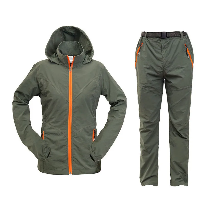 Women ArmyGreen Комплект одежды для кемпинга, походов, для спорта на открытом воздухе, для мужчин и женщин, летний спортивный костюм, куртки с капюшоном, штаны, Быстросохнущий дышащий комплект ST01 - Цвет: Women ArmyGreen