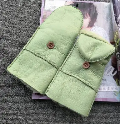 light green Женские осенне-зимние Утепленные перчатки с шерстяной подкладкой, женские цельные перчатки из натуральной овчины, кожаные меховые перчатки для вождения R586 - Цвет: light green