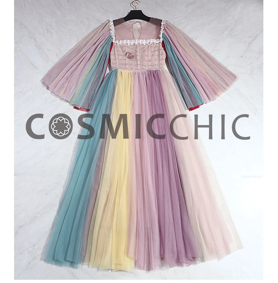 Cosmicchic высокой моды Тюль Вышивка Макси платье с расклешенными длинными рукавами цвет кружево бальное платье дворец Платья для вечеринок LY229
