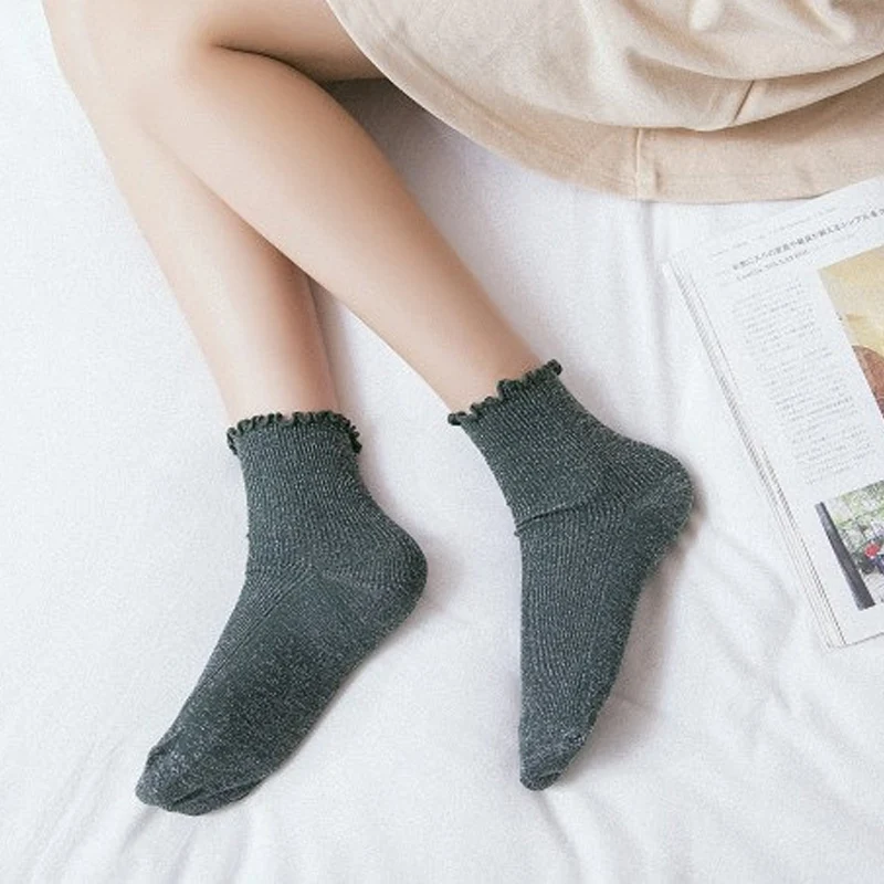 British Vintage Glitter Women's Socks Cotton Women Daily Basic Shining Rib Surface Sweet Socks Girls Summer Ankle Socks Women