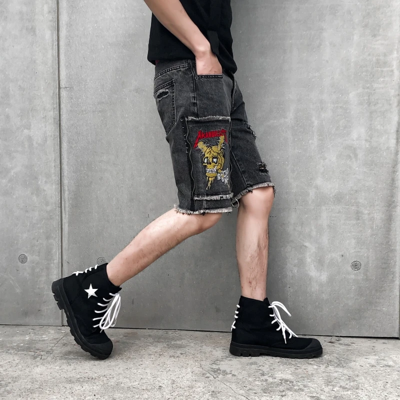 Ripped Destroyed Distressed Denim Shorts Embroidery skull Mens Hole Blue Male Hip Hop Fashion streetwear Clothing | Мужская одежда