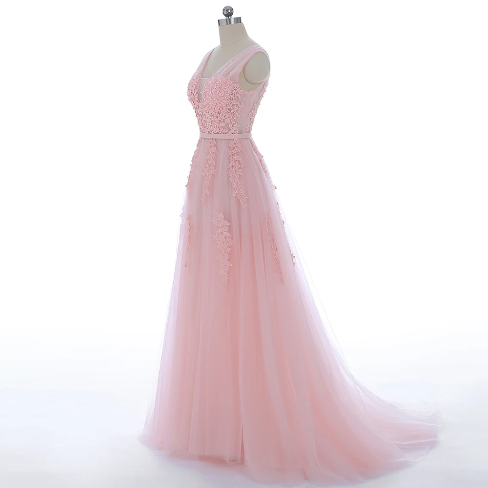 Vestido de festa Новое поступление Robe De Soiree v-образный вырез с кружевной аппликацией длинные тюлевые вечерние платья розовый темно-синий серый