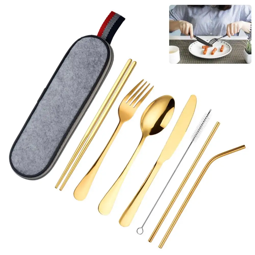 8Pcs Portable Flatware Stainless steel Spoon Chopsticks Cleaning Brush Set Silverware Travel Utensils Set with Case Straw