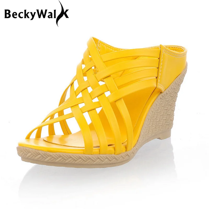 BeckyWalk/босоножки на танкетке Женские летние шлепанцы яркого цвета высоком каблуке