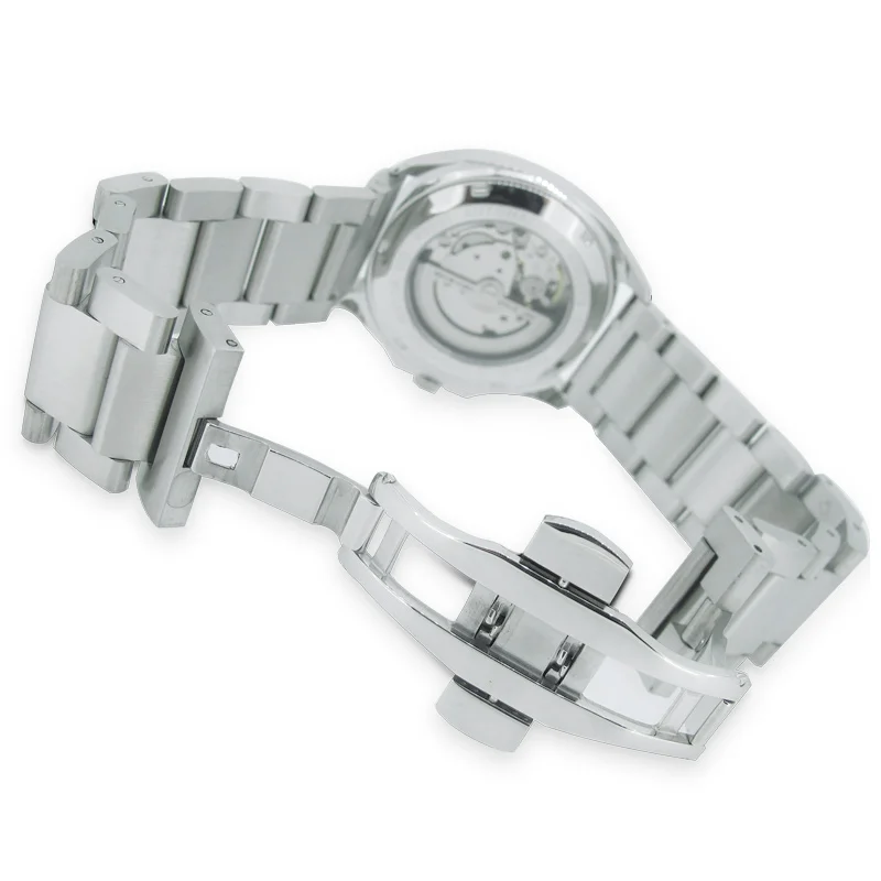 

Parnis Mens Watches Top Brand Luxury Steel Mechanical Automatic Watch with Deployment Clasp Black Silver Watch for Men 2018 NEW