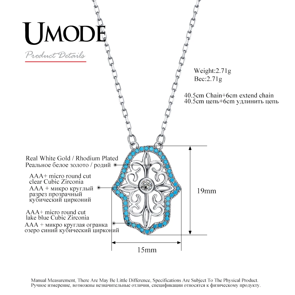 UMODE New Unique Arab Hand of Fatima Charm Pendant Necklaces for Women White Gold Color Hamasa Fashion Accessories AUN0241B | Украшения и