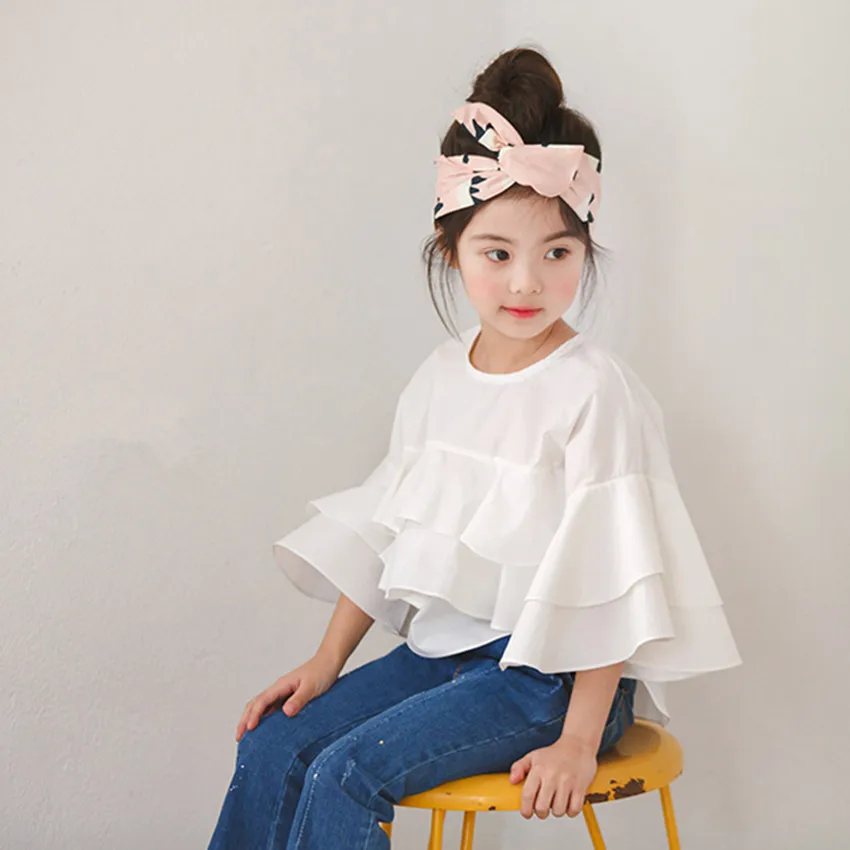 Everweekend Girls Kids White Color Ruffles Tops Bell Sleeve Sweet Baby Western Holiday New Fashion Tees | Детская одежда и обувь