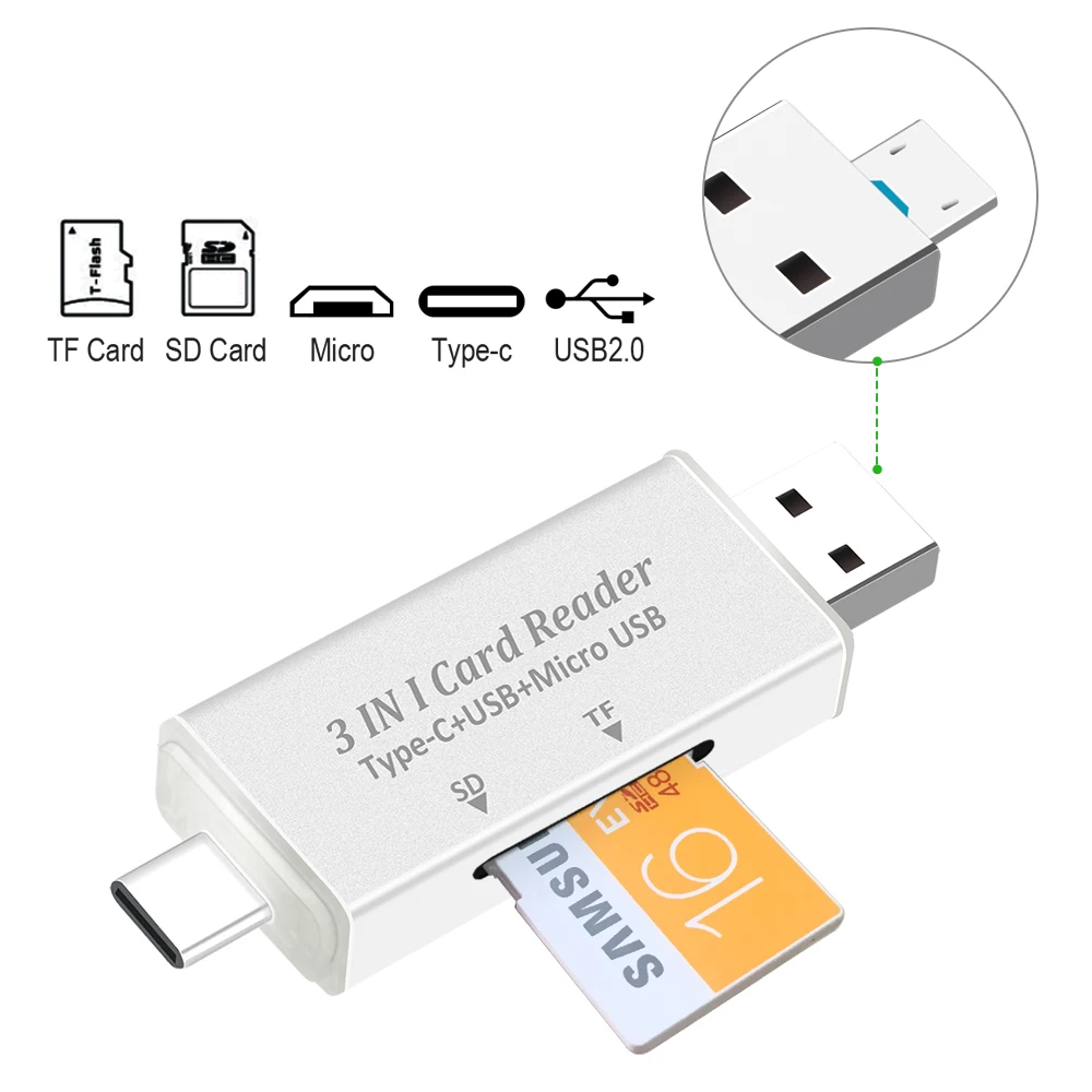 3 в 1 USB C OTG концентратор кард ридер Тип C/Micro USB/USB для Micro SD TF Macbook Android телефон ПК