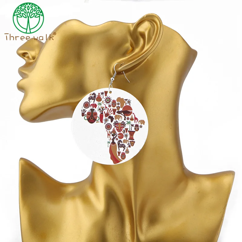 

E204 Vintage Women Round Africa Map Wood Earrings Drops