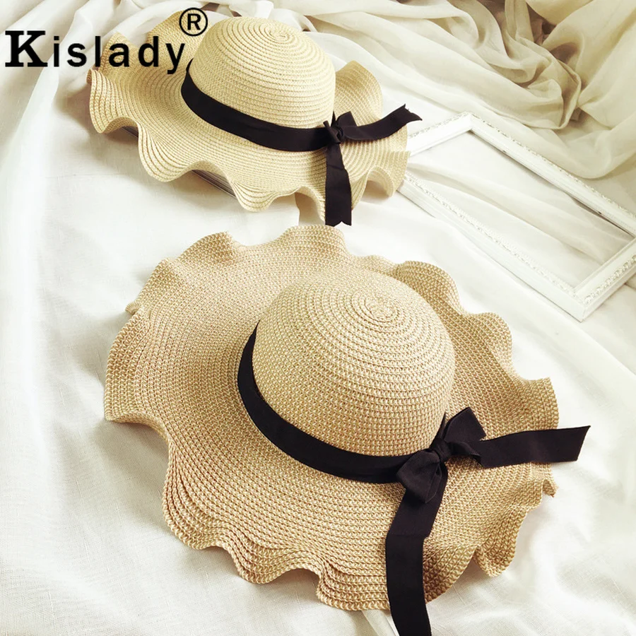 Kislady модная черная лента большая волна солнцезащитные шляпы для женщин