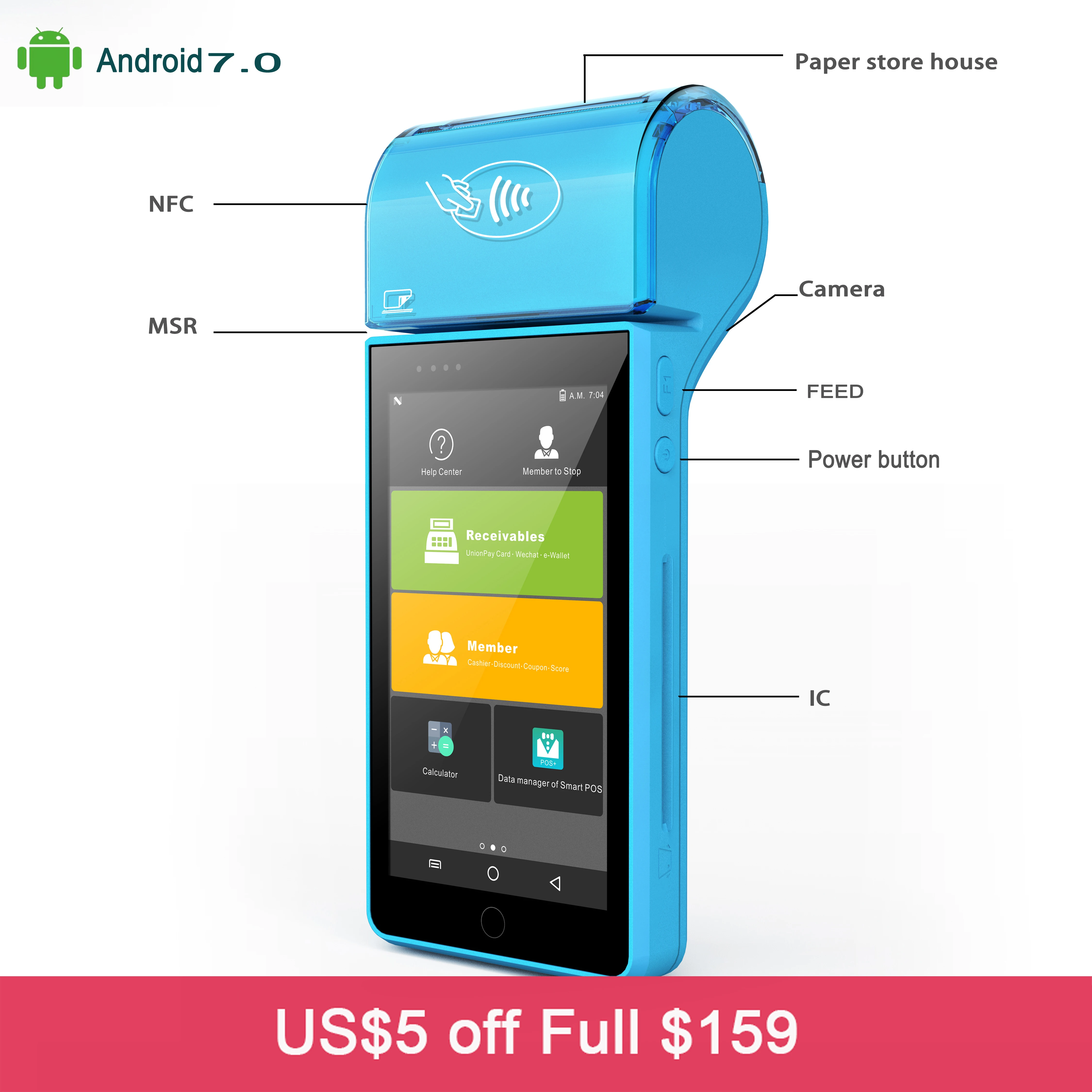 Rugline RP8050B 5 дюймов сенсорный экран Экран Handheld 4G Andoid Мини Pos машина с Bluetooth Wi Fi