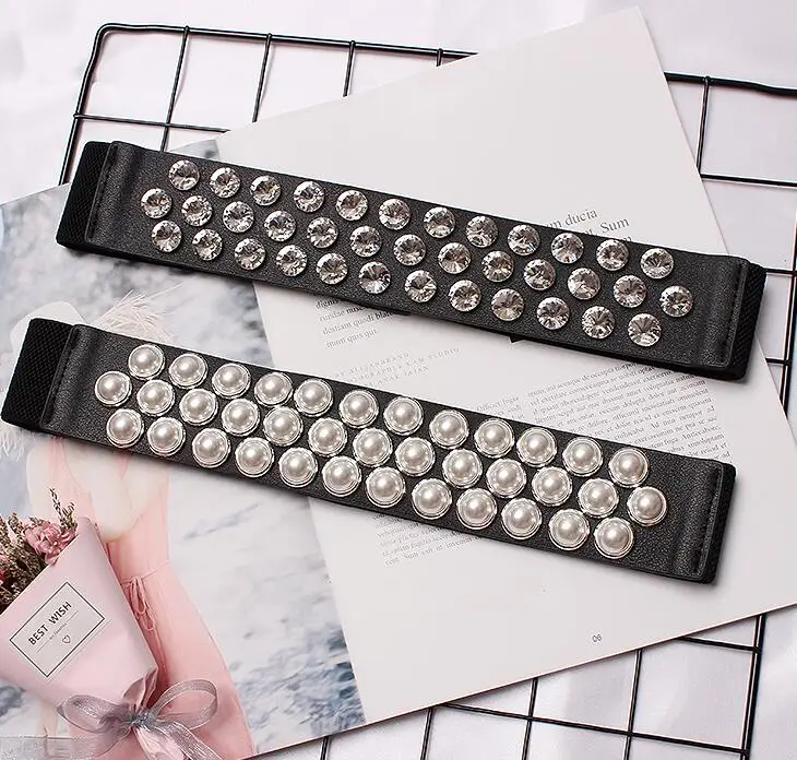 

Women's runway fashion diamonds pearl pu leather Cummerbunds female Dress Corsets Waistband Belts decoration wide belt R1648
