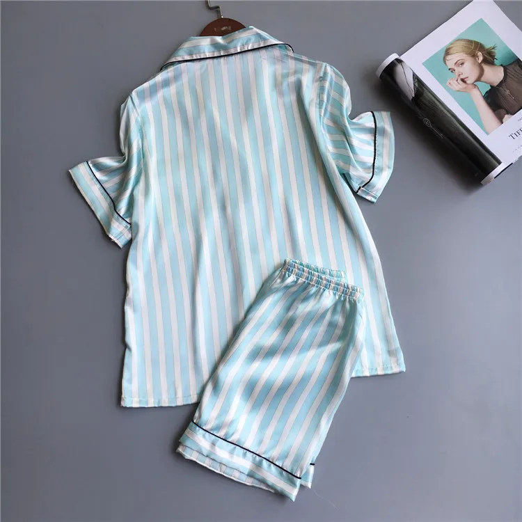 

Fdfklak 2018 Fashion Striped Summer Pajamas Women Short Sleeve Pajama Set Ladies Sleepwear Home Clothes Silk Pijamas Suit