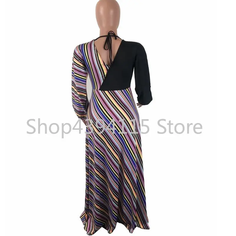 2019 осень зима Африка леди одежда Красочные полосы лоскутное длинное платье Роба
