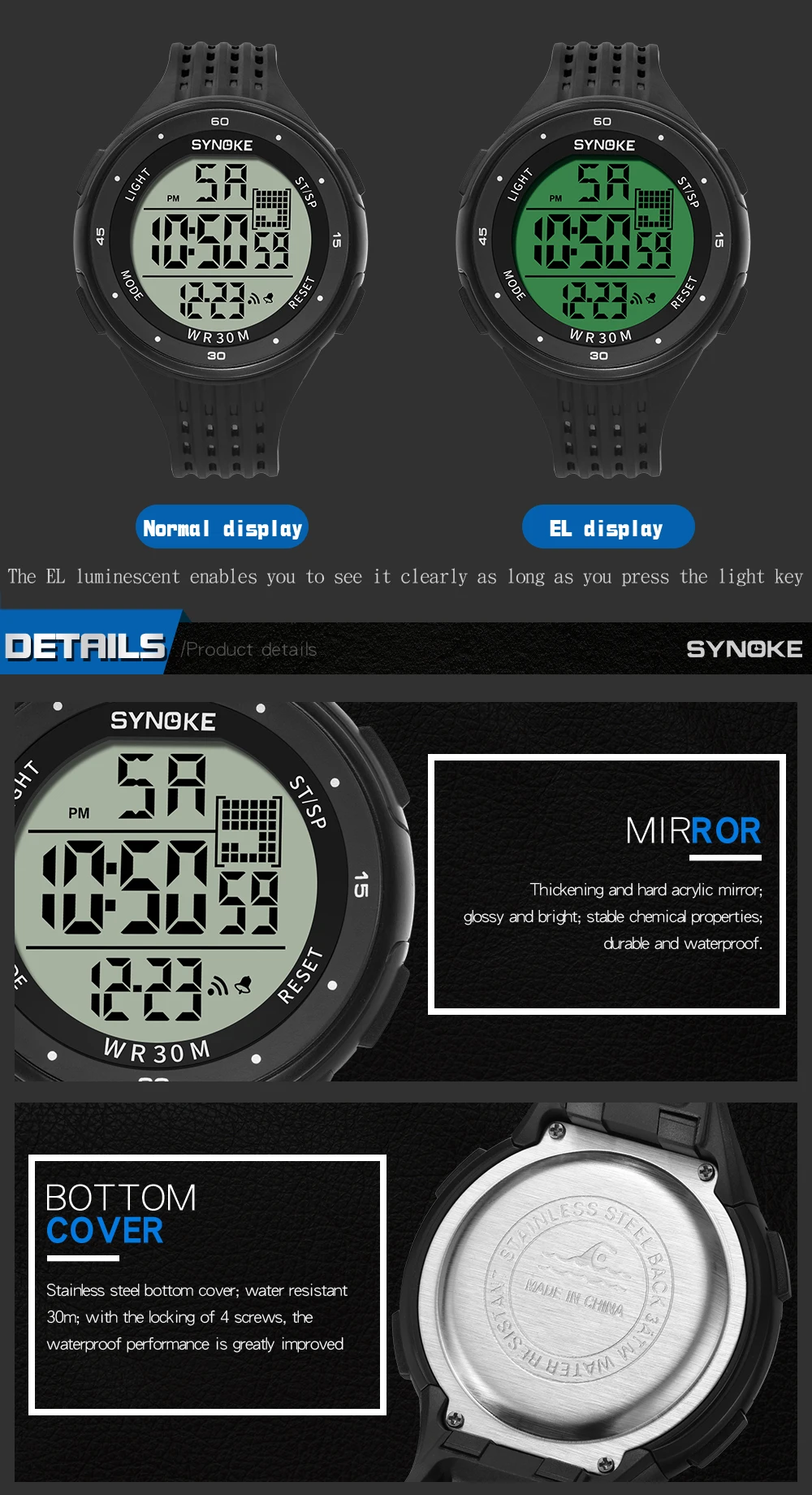 SYNOKE Men Digital Watch Sports Brand Waterproof Luminous Wristwatches Shockproof Large Dial Electronic Male Wrist Clock Men