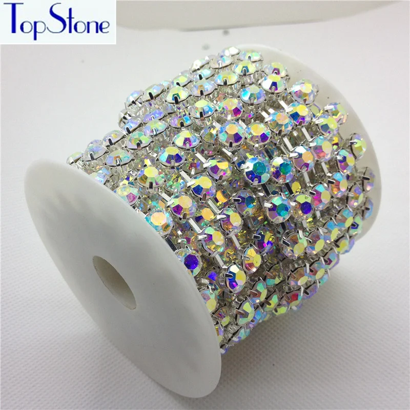 Стразы AB TopStone круглая цепочка с кристаллом серебряная основа 28ss 38ss 45ss стеклянные