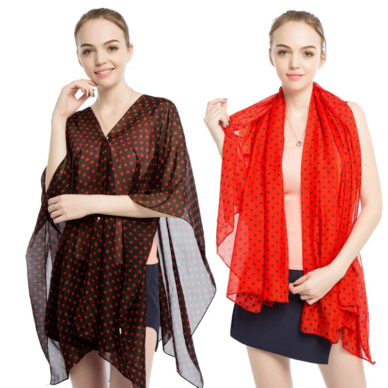 

Women Chiffon Pareo Scarf Beach Sarongs Summer Beach Cover Up Polka Dot Pattern Multi-Use Scarves Shawl with Pearl