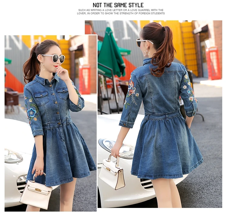 2017 Denim Dress Плюс Размер Женщин Туника Тонкий Вышивка Летний Стиль С Коротким