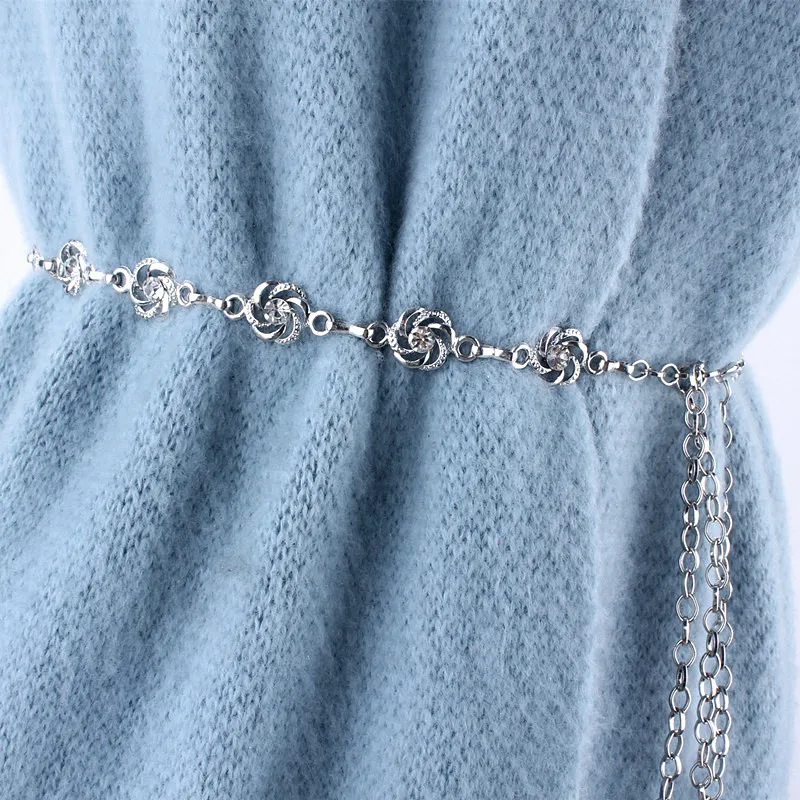 fashion ladies rhinestone thin flower metal gold waist chain belts for women silver dresses female luxury ceinture femme