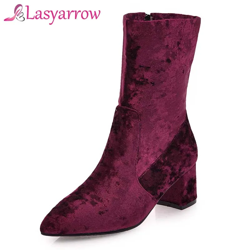 

Lasyarrow Chunky Heel Velvet Women Zipper Shoes Booties Med Heel Pointed Toe Casual Ankle Boots Autumn Black Short Boots Q173