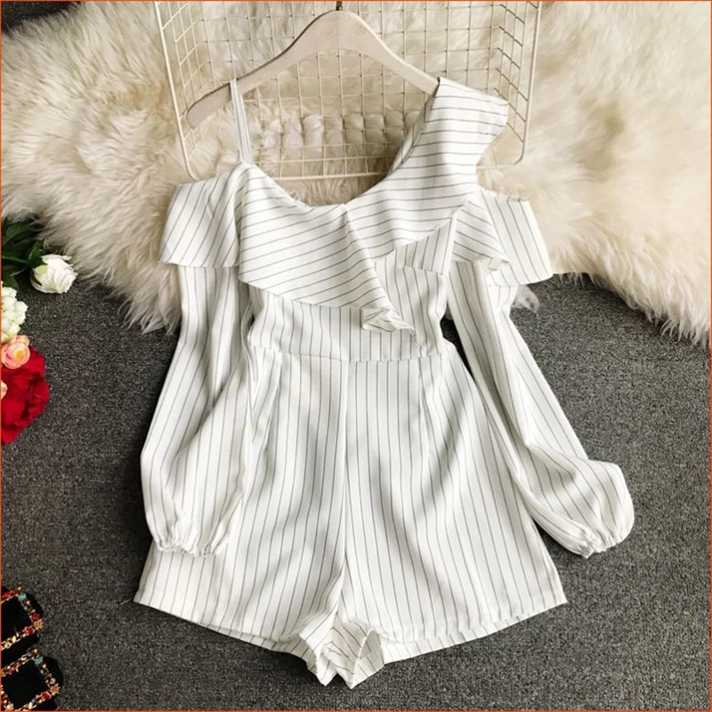 

New summer playsuits women long sleeve sexy off shoulder shorts jumpsuits Ruffle ladie Stripe asymmetry beach wear Jumpsuit 215