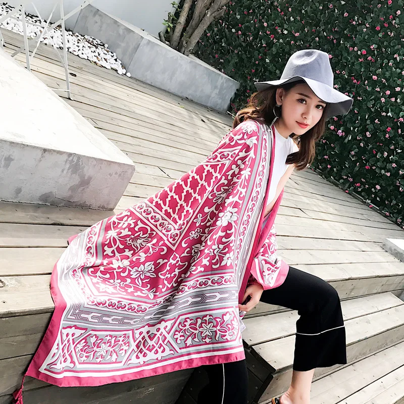 

Ladies Scarves Summer Seaside Beach Sunscreen Shawl National Style Printed Pashmina Large Size Fashion Silk Scarf