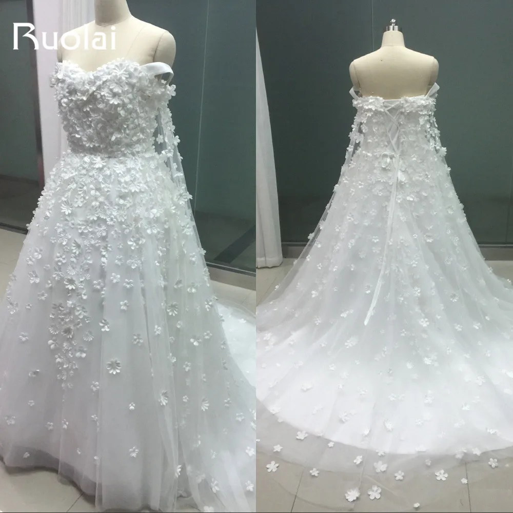 Реальное изображение Милая с плеча цветы украшены A-Line Свадебные платья Дубай