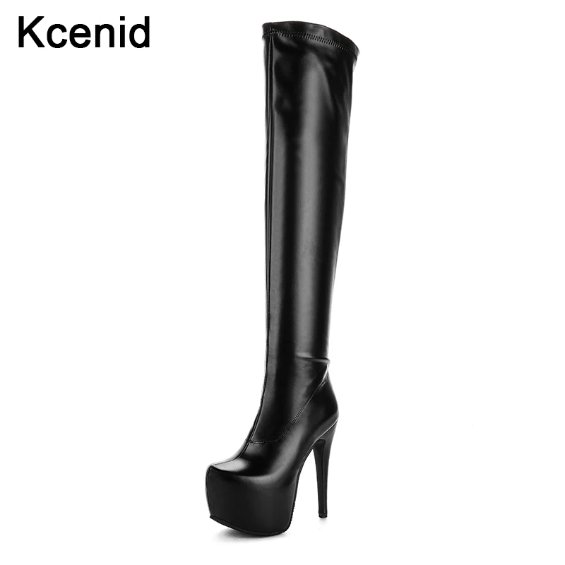 Kcenid/большие размеры 33-48, новая модная зимняя обувь на платформе и высоком каблуке на молнии женские высокие зимние сапоги выше колена вечерние туфли для танцев - Цвет: black PU