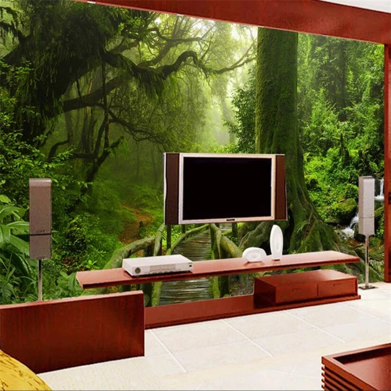 Обои на заказ 3d фрески зеленые большие деревья пейзаж тропический дождь лес обои