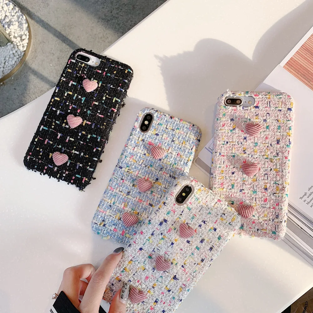 Fashion Woven Phone Case For iphone 6 6s 7plus 8 plus cover for X Xs max Xr love heart back pink/black/white capa |