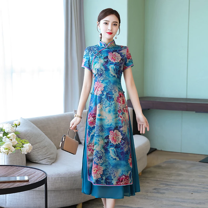 Летнее женское платье с цветочным принтом Ao Dai Cheongsam размера плюс S-4XL |