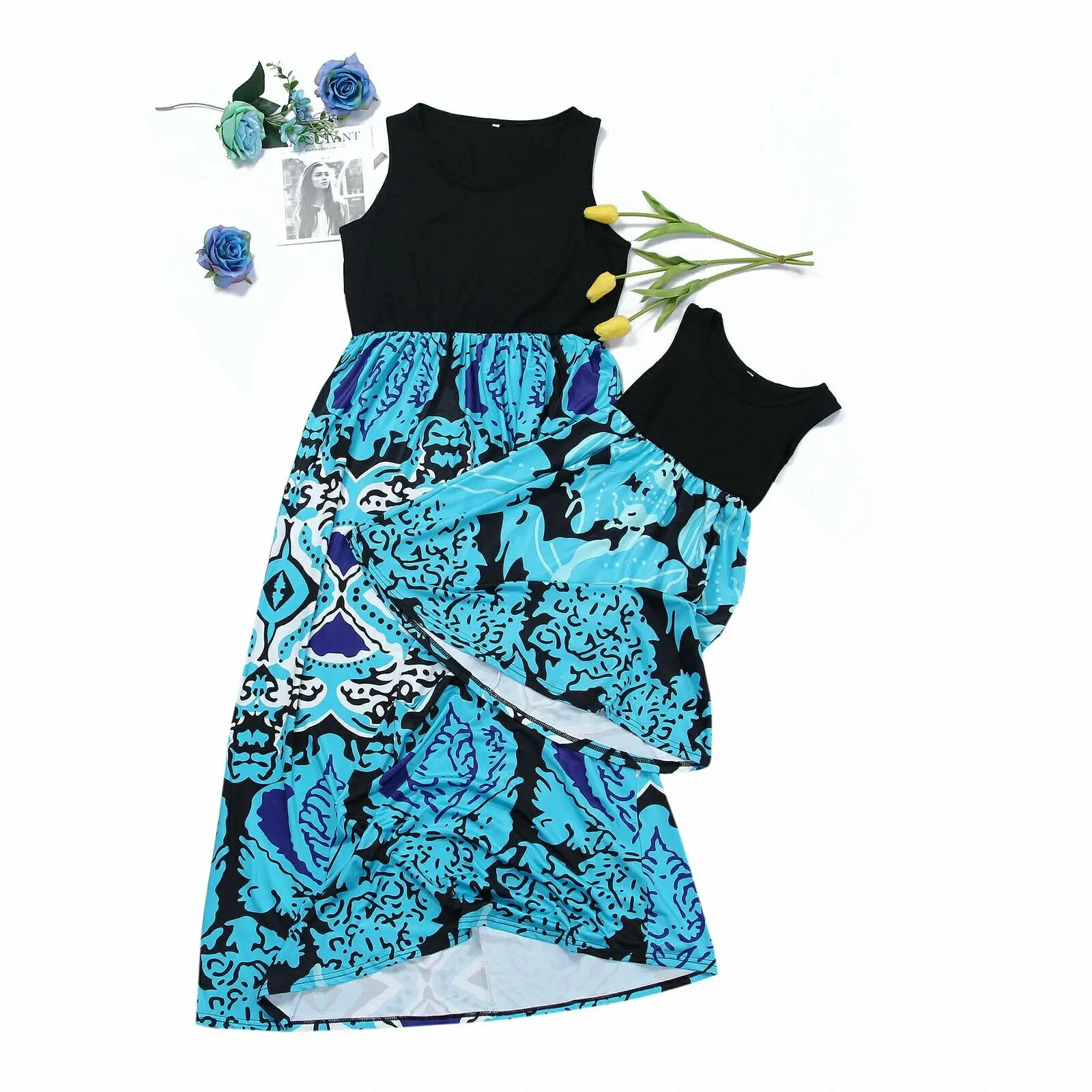 Платья для мамы и дочки Летнее Длинное платье без рукавов с цветочным принтом в