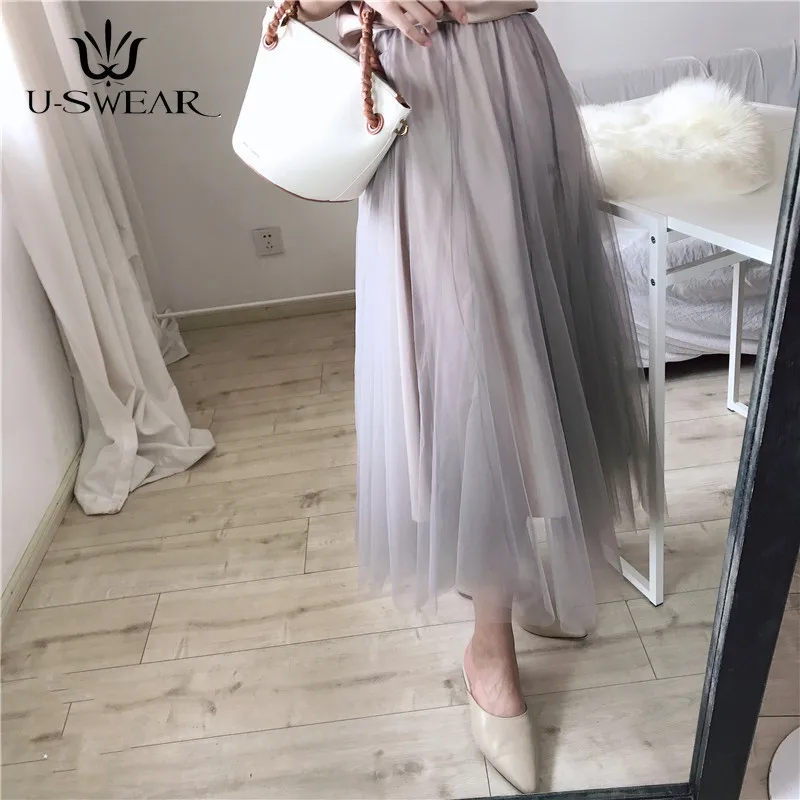 

Tulle Skirts Womens 2020 Summer Long Maxi Skirt Female Elastic High Waist Pleated Tutu Skirt Gray