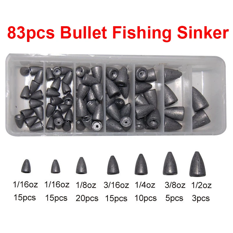 

83Pcs Lead Fishing Sinker For Texas Rig Carp Fishing Bullet Shaped Weights Sinkers Set With Box For Largemouth Bass Fishing