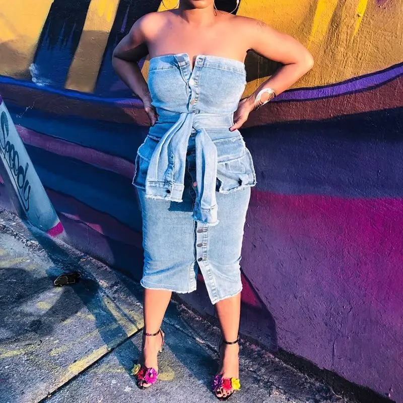 Летний сексуальный клуб панк без бретелек винтажный джинсовый синий женский