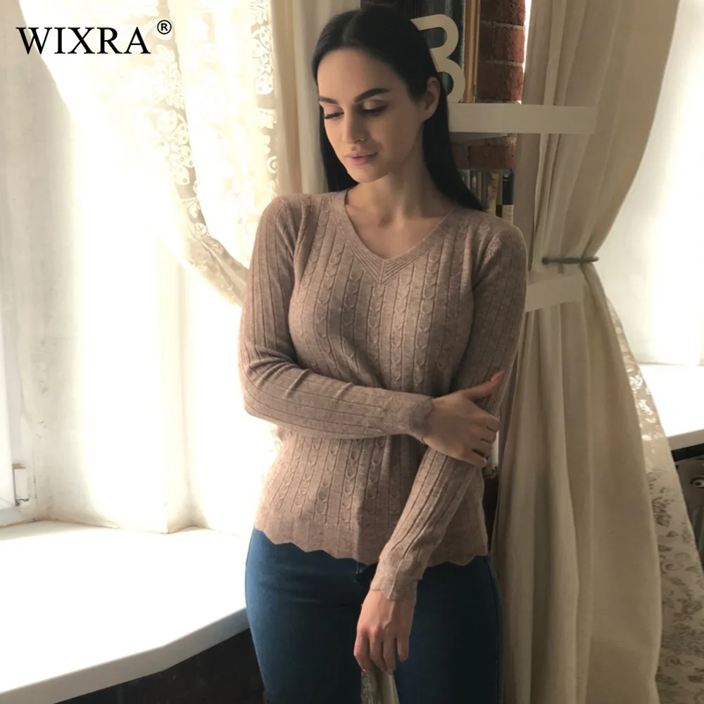 Wixra 2017 Осень Зима Новые Модные Женские однотонные тонкие пуловеры с v-образным